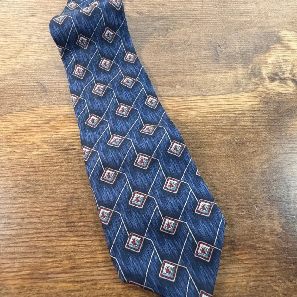 Vintage L'Atelier Slate Blue Geometric Diamond Silk Blend Necktie